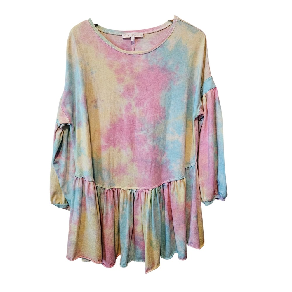 Karlie Tie Dye Peplum Tunic Top Pastel Pink Blue Yellow Puff Sleeve Large
